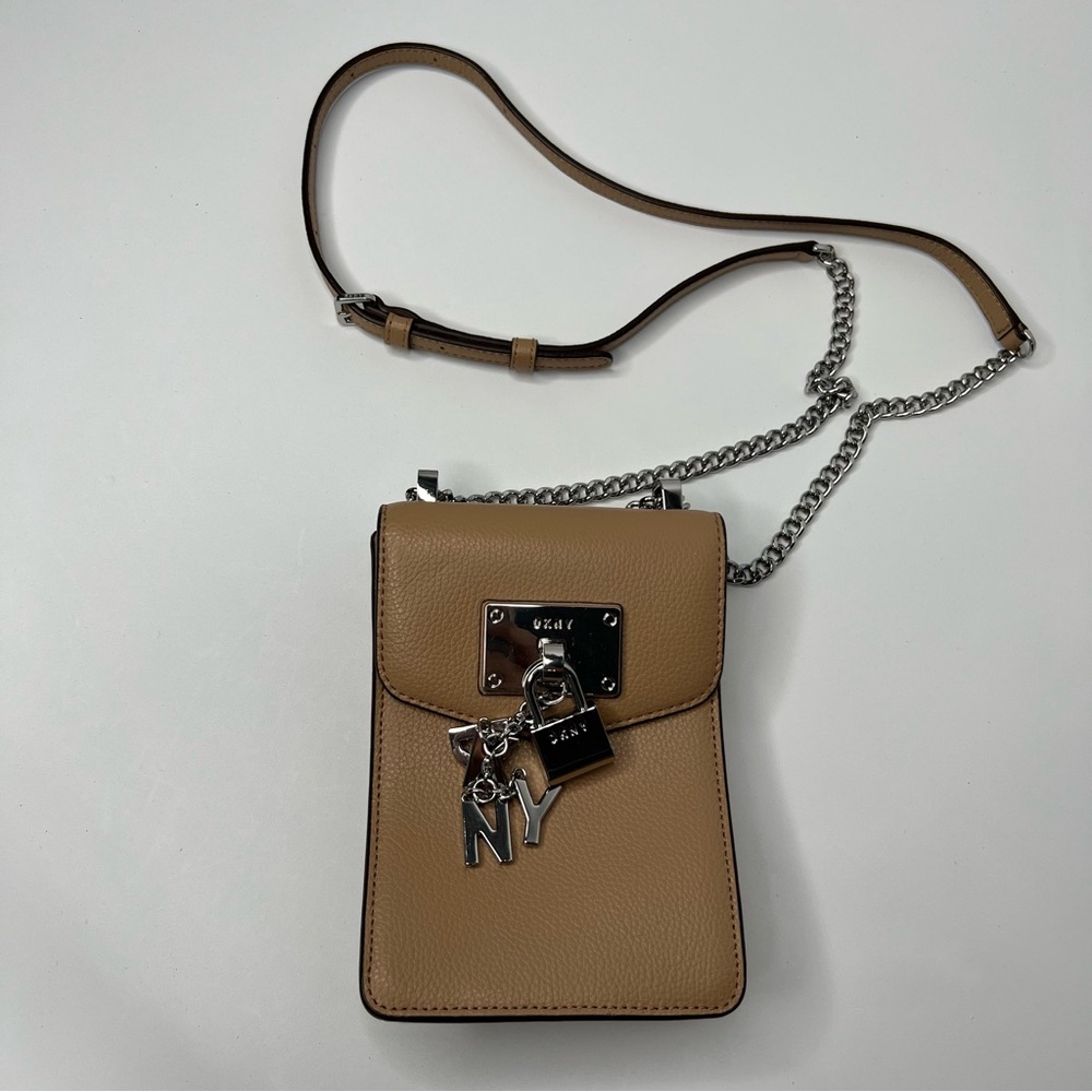 DKNY Elissa North South Leather Phone Carrier Crossbody Bag Brown Tan